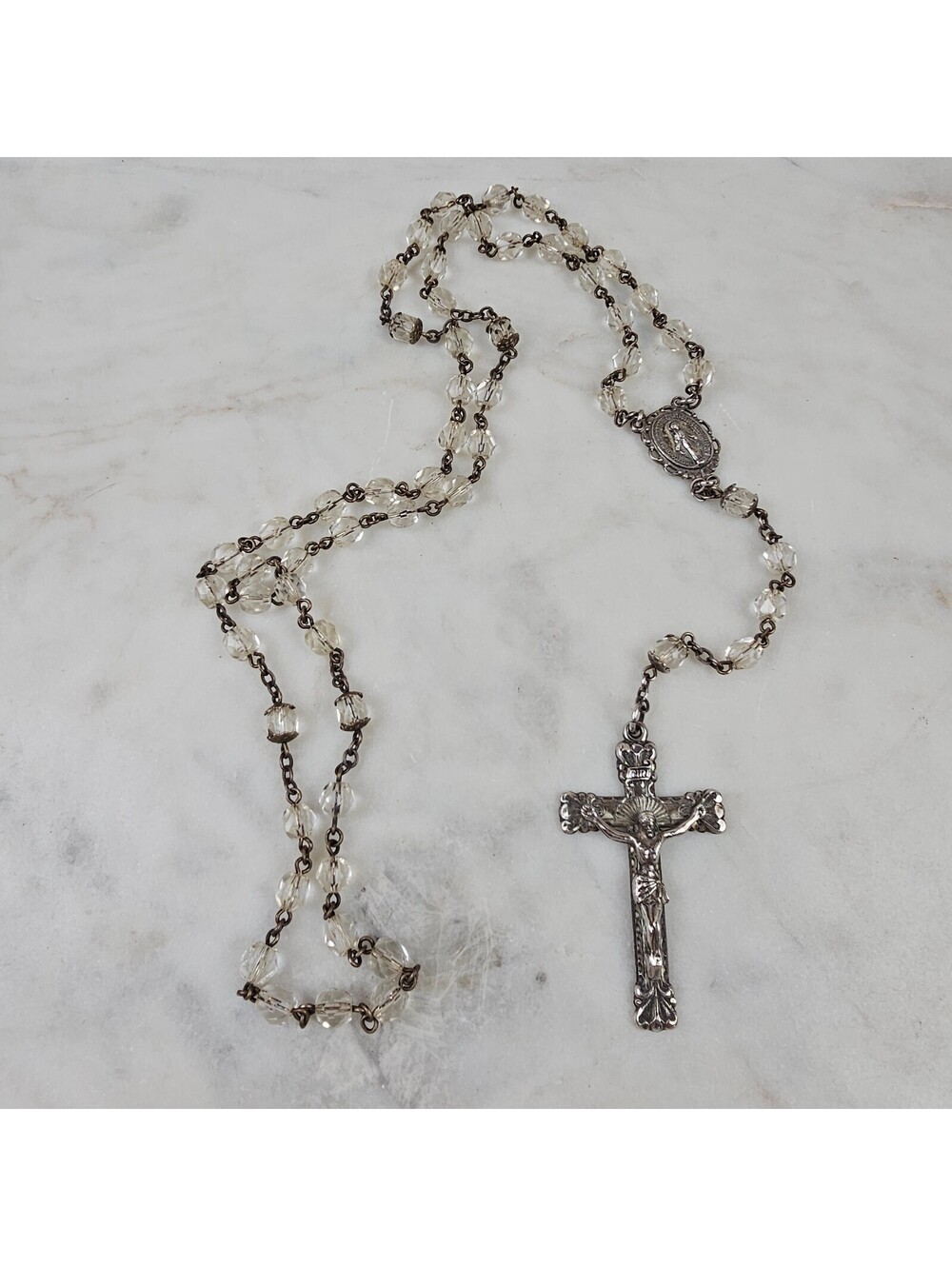 Vintage Creed Sterling Silver Rosary Clear Crystal Beads Catholic Crucifix